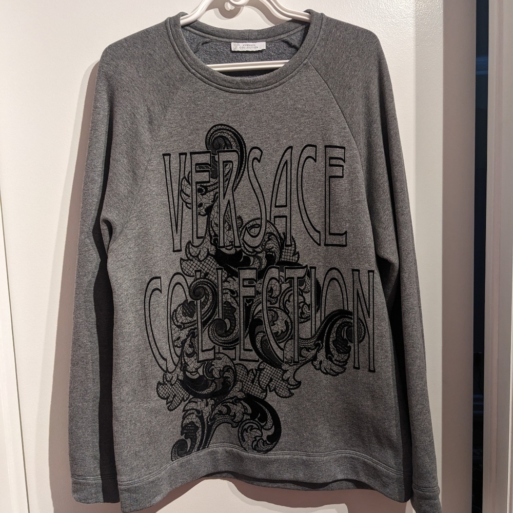 Versace Collection Gray Crewneck Sweatshirt with Black Graphic Logo